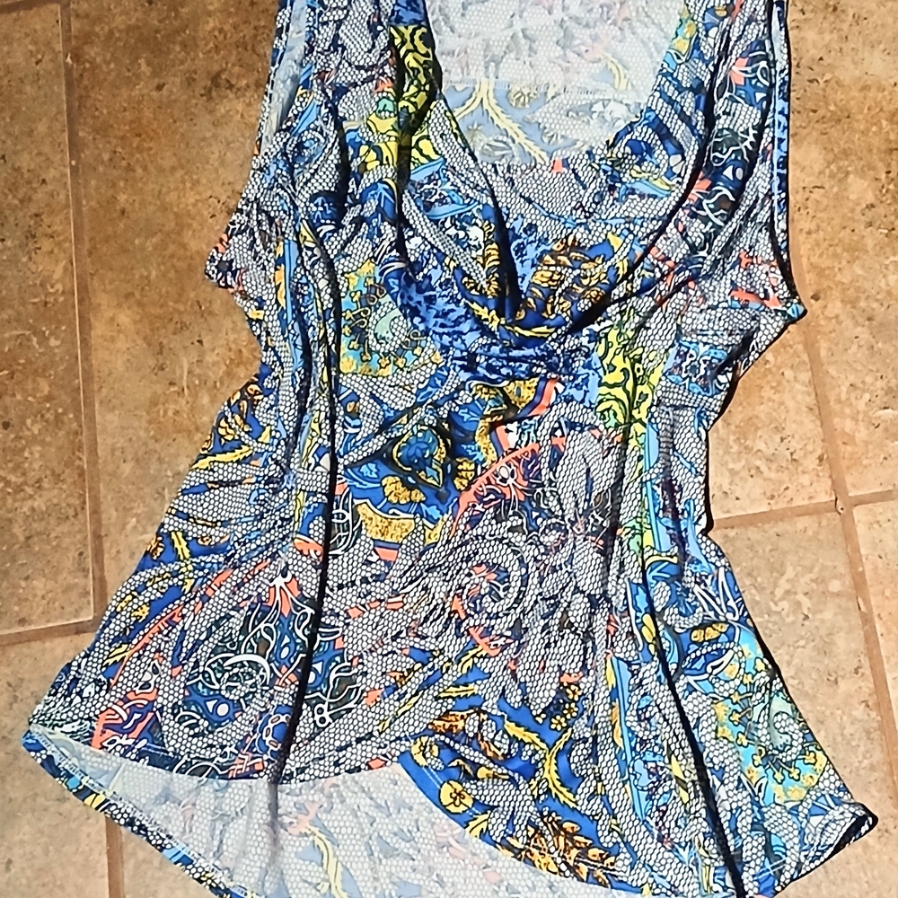 Sunny Leigh Blue and Yellow Multicolored Abstract Print Asymmetrical Tank Blouse